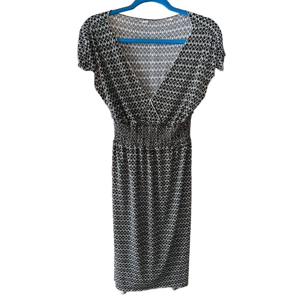 Smocked Liquid Knit Dress Geo Print Brown Turquoise S